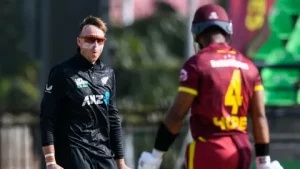 Jayden Lennox celebrates his maiden five-wicket haul during the New Zealand vs West Indies ODI 2nd match at Providence Stadium, Guyana, July 13, 2026