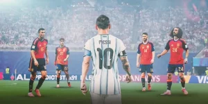 Lionel Messi celebrating with Argentina teammates during the 2026 FIFA World Cup semifinal victory over England at Atlanta Stadium