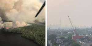 Orange haze over Toronto skyline caused by wildfire smoke from northwestern Ontario wildfires on July 15 2026 with CN Tower barely visible through thick smoke