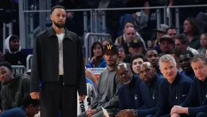 Stephen Curry #30 of the Golden State Warriors attempts a shot during the NBA Play-In Tournament against the Phoenix Suns on April 17, 2026