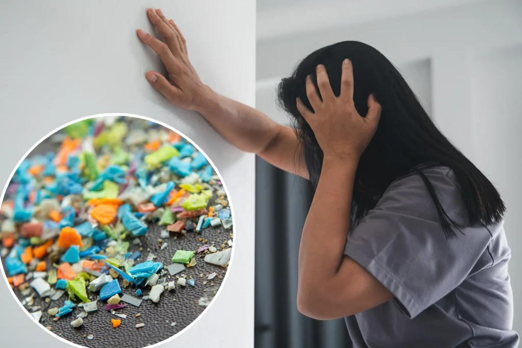 Types of microplastics in indoor air diagram showing microplastic particles floating inside a home, representing 68,000 daily inhaled particles