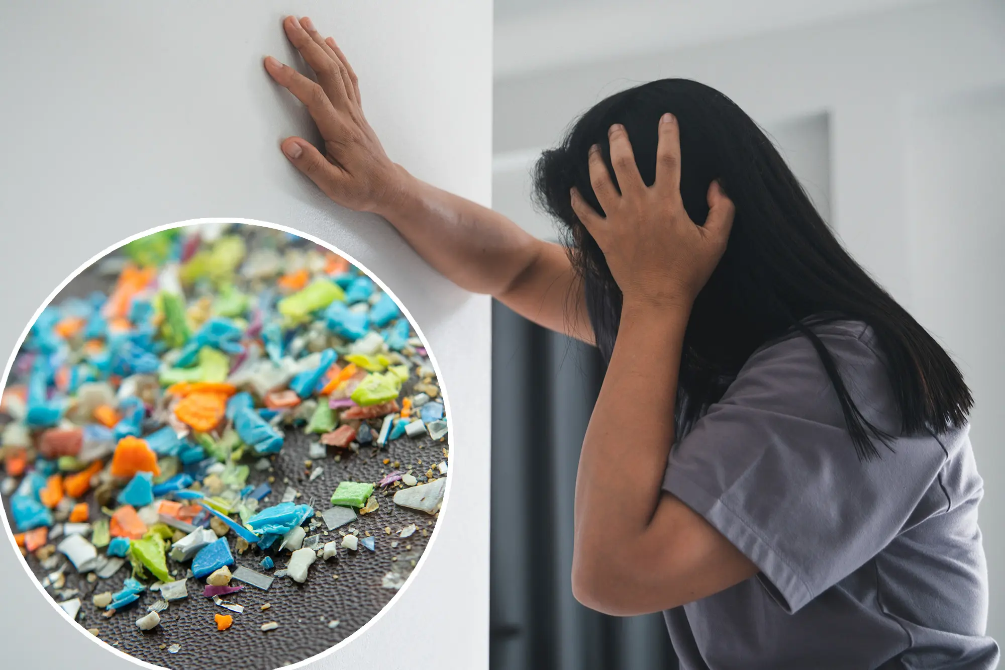 Types of microplastics in indoor air diagram showing microplastic particles floating inside a home, representing 68,000 daily inhaled particles