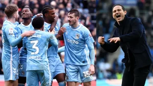 Coventry City players celebrating Premier League promotion after 1-1 draw at Blackburn Rovers, April 17, 2026