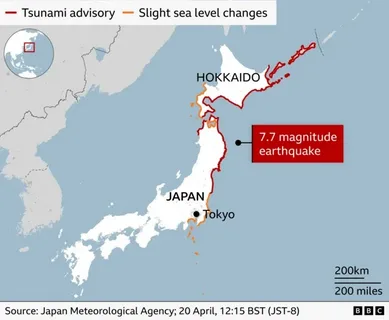 Japan earthquake alert map showing tsunami warning zones along the Sanriku coast on April 20, 2026