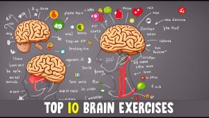 Person doing mental exercises to improve memory and concentration with brain activity illustration