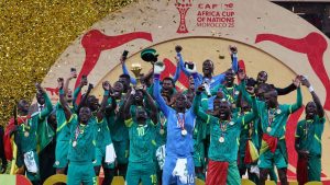 Senegal players celebrating AFCON 2026 final win before CAF overturned the result and awarded Morocco the title