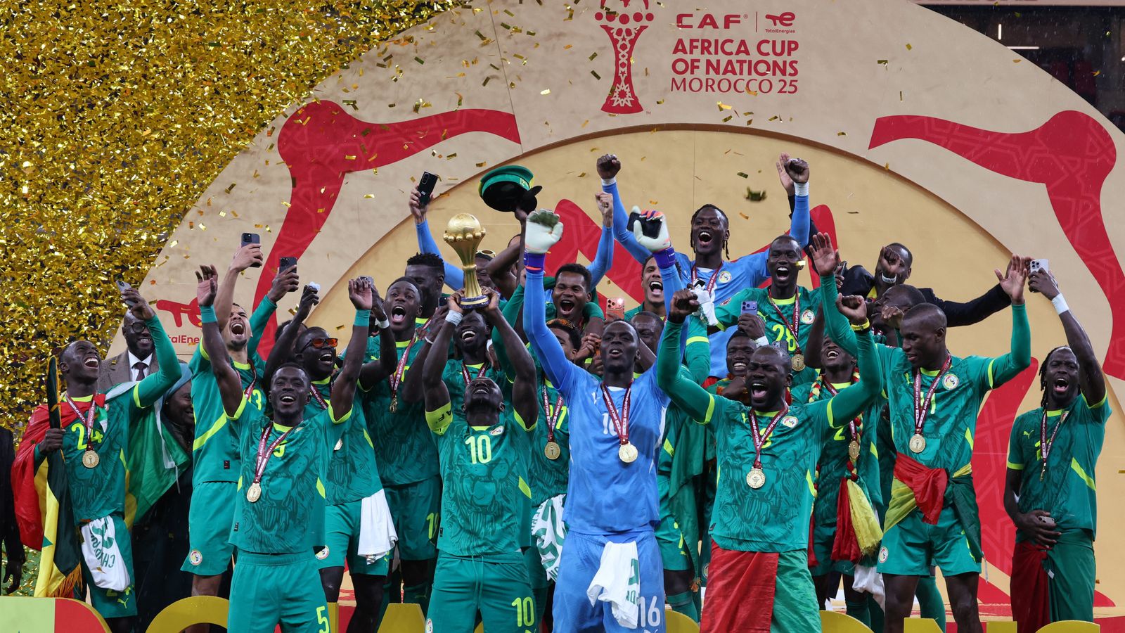 Senegal players celebrating AFCON 2026 final win before CAF overturned the result and awarded Morocco the title