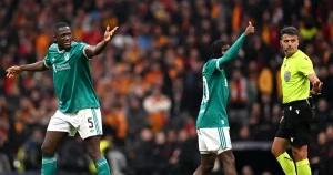 Ibrahima Konate reacts after VAR controversy rules out his goal for Liverpool against Galatasaray in the Champions League round of 16 first leg in Istanbul 2026