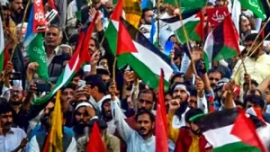 Pakistani flag and Palestinian flag displayed together at a solidarity rally in Islamabad, with protesters holding signs supporting Gaza