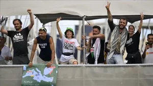 Global Sumud Flotilla vessels sailing in Mediterranean Sea as Israeli naval forces approach to intercept Gaza-bound humanitarian ships, May 2026