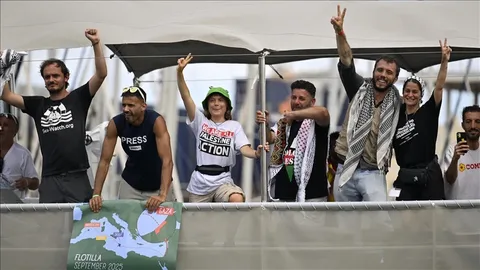 Global Sumud Flotilla vessels sailing in Mediterranean Sea as Israeli naval forces approach to intercept Gaza-bound humanitarian ships, May 2026