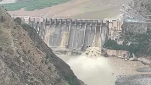 Aerial view of Chenab River floodwaters rising near Marala Barrage, Punjab, Pakistan, May 2026