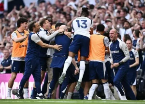 Tottenham Hotspur players celebrate survival after beating Everton 1-0 at Spurs in Premier League final day May 24 2026