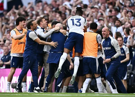 Tottenham Hotspur players celebrate survival after beating Everton 1-0 at Spurs in Premier League final day May 24 2026