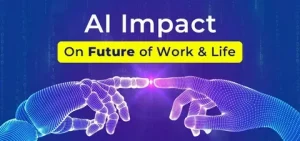 A robot hand and human hand reaching toward each other with data charts in the background, symbolizing AI impact on employment
