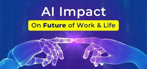 A robot hand and human hand reaching toward each other with data charts in the background, symbolizing AI impact on employment
