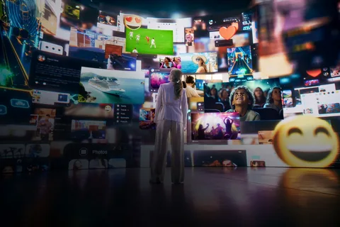 A futuristic media and entertainment industry concept showing AI, streaming platforms, and immersive experiences in 2026
