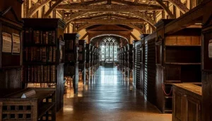 Duke Humfrey's Library interior the oldest reading room of the Bodleian Library Oxford, featuring chained books and painted ceiling