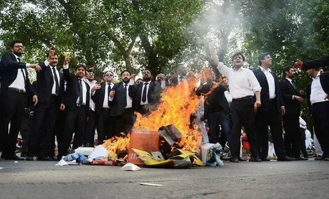Lawyers gathered at Lahore Bar Association convention protest against biometric verification and constitutional amendments in Punjab 2026