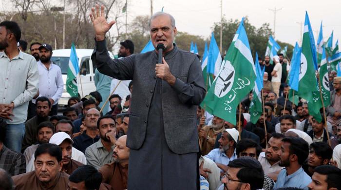 Hafiz Naeem ur Rehman addressing JI protest against inflation and taxes at Aabpara Chowk Islamabad May 2026