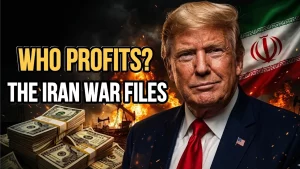 U.S. defense contractor logos and stock market charts rising during the 2026 US-Iran war conflict