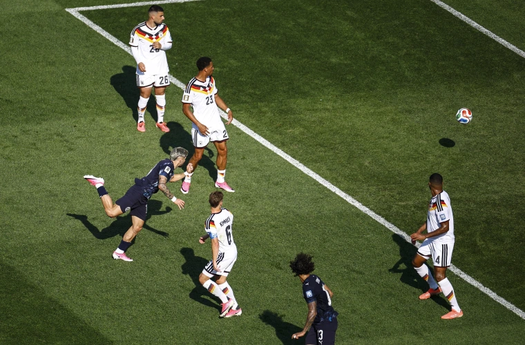 Paraguay players celebrate after defeating Germany on penalty kicks during the FIFA World Cup 2026 knockout match.