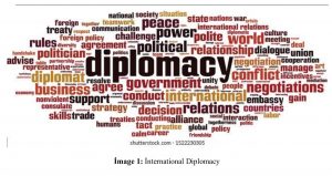 UN diplomats discussing peace diplomacy and conflict mediation during an international conference on peacebuilding.