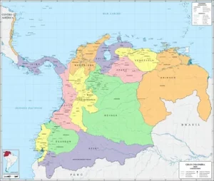 Political map of Colombia showing all 32 departments, their capitals, and major cities under the country's administrative structure.