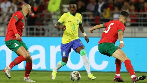 Brazil and Morocco players competing during an international football match ahead of the FIFA World Cup 2026.