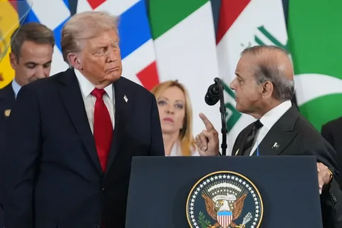 Donald Trump speaking about Pakistan’s role in US Iran peace deal discussions during press briefing