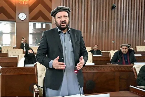 Current Chief Minister of Gilgit-Baltistan 2026 Advocate Amjad Hussain addressing officials after assuming office in Gilgit.