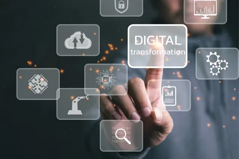 Digital media transformation showing smartphones, social media platforms, AI technology, and global digital communication networks.