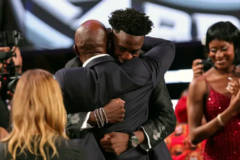 AJ Dybantsa celebrates after being selected by the Washington Wizards with the first overall pick in the 2026 NBA Draft.