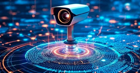 AI-powered smart surveillance camera monitoring a city street using intelligent CCTV system technology.