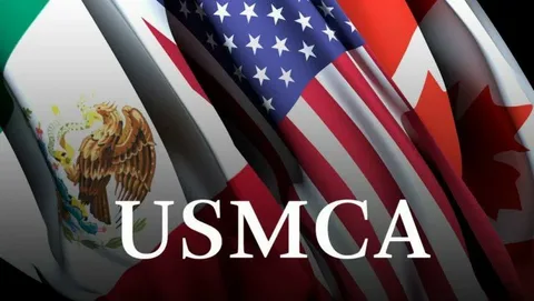 Leaders of the United States, Canada and Mexico discussing the USMCA Trade Agreement during a North American economic summit.