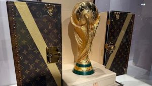 The FIFA World Cup Trophy displayed inside a bespoke Louis Vuitton trunk before the 2026 World Cup Final.