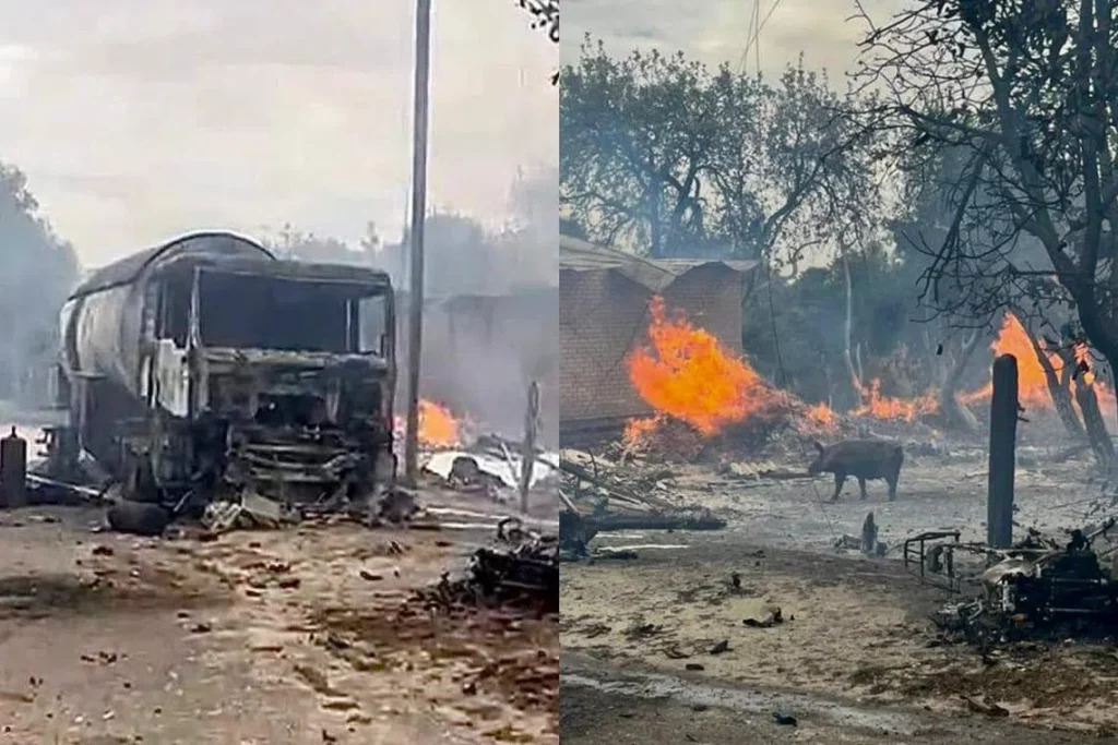 Ukrainian firefighters respond to a burning ATB supermarket in Chernihiv after a Russian drone strike on July 26, 2026