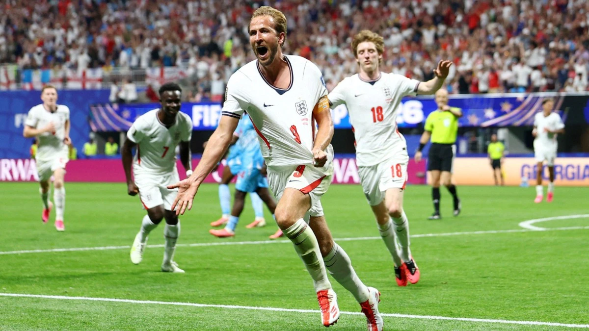 Harry Kane celebrates after scoring the winning goal for England against DR Congo at the World Cup 2026 in Atlanta