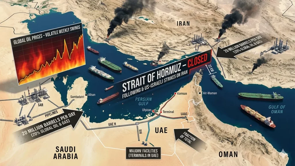 Strait of Hormuz map showing the narrow waterway between Iran and Oman with oil tanker shipping routes