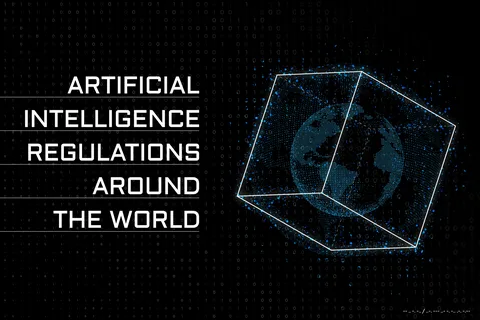 Artificial Intelligence Act document with gavel and digital AI network symbols representing global AI regulation