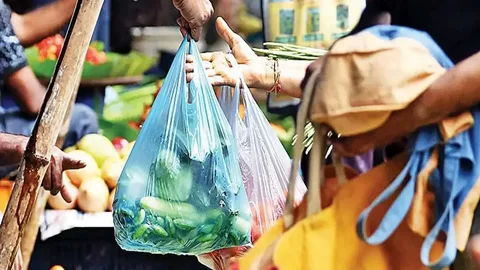 Punjab plastic bag ban enforcement showing seized polythene bags during an EPA crackdown