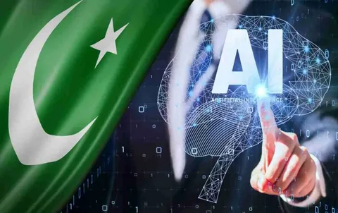 Illustration representing Artificial Intelligence Legislation in Pakistan showing a digital scale of justice beside AI circuit patterns and the Pakistani flag