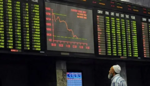Pakistan Stock Exchange Today trading floor showing KSE-100 index falling on digital screens in Karachi