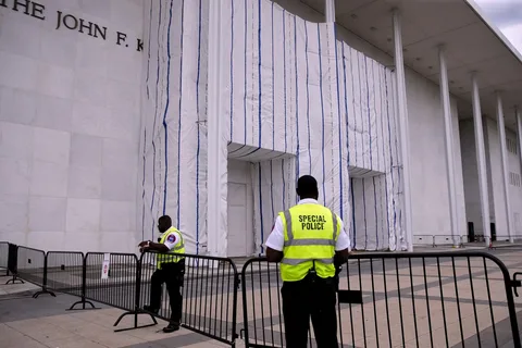 Kennedy Center facade covered in tarp after court ruling on Trump name removal