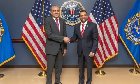 FBI Director Kash Patel and Pakistan Interior Minister Mohsin Naqvi shake hands at FBI Headquarters in Washington during a bilateral security meeting on July 13, 2026.