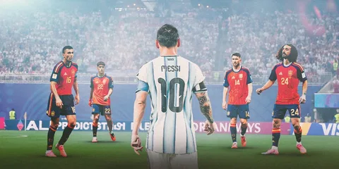 Lionel Messi celebrating with Argentina teammates during the 2026 FIFA World Cup semifinal victory over England at Atlanta Stadium