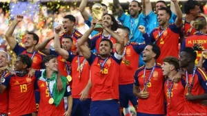 Spain football team players 2026 celebrating the FIFA World Cup trophy at MetLife Stadium, New Jersey