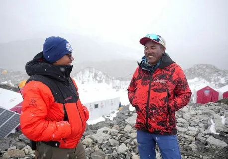 Kami Rita Sherpa celebrating his record-breaking Mount Everest summit after becoming the climber with the most ascents.