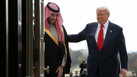 US President Donald Trump and Saudi Crown Prince Mohammed bin Salman shaking hands at the White House during the signing of the civilian nuclear agreement with Saudi Arabia.