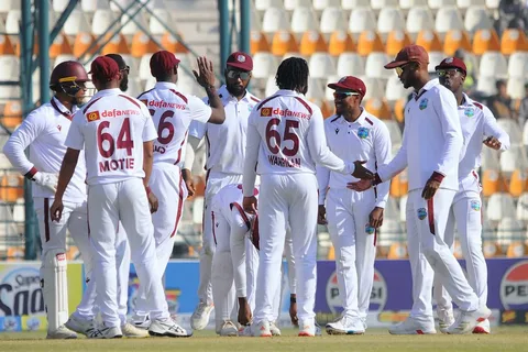 West Indies players celebrate after taking key Pakistan wickets on Day 3 of the Trinidad Test as the hosts build a 155-run lead.